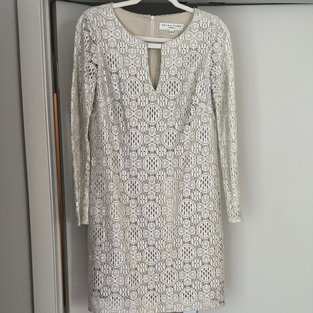 Trina Turk Lace Silver/Beige Dress, Sz 4